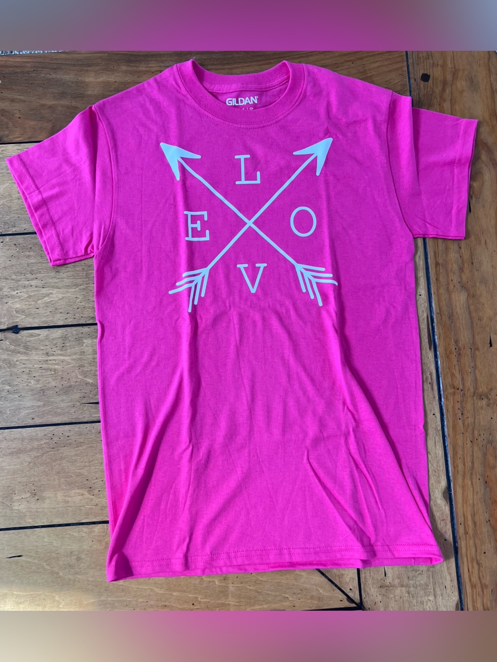 Gildan Hot Pink Tee with Light Arrow LOVE Graphic